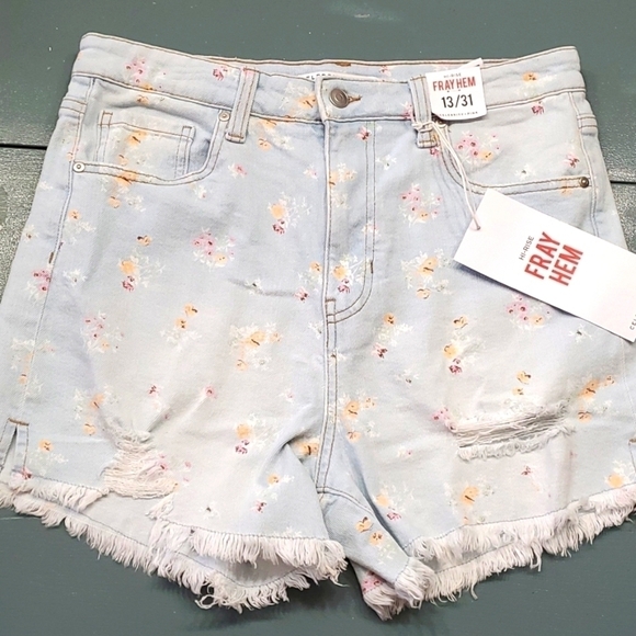 CELEBRITY PINK. HI-RISE SHORTS, FRAY HEM 13/31 NWT light blue with floral design - Picture 1 of 12